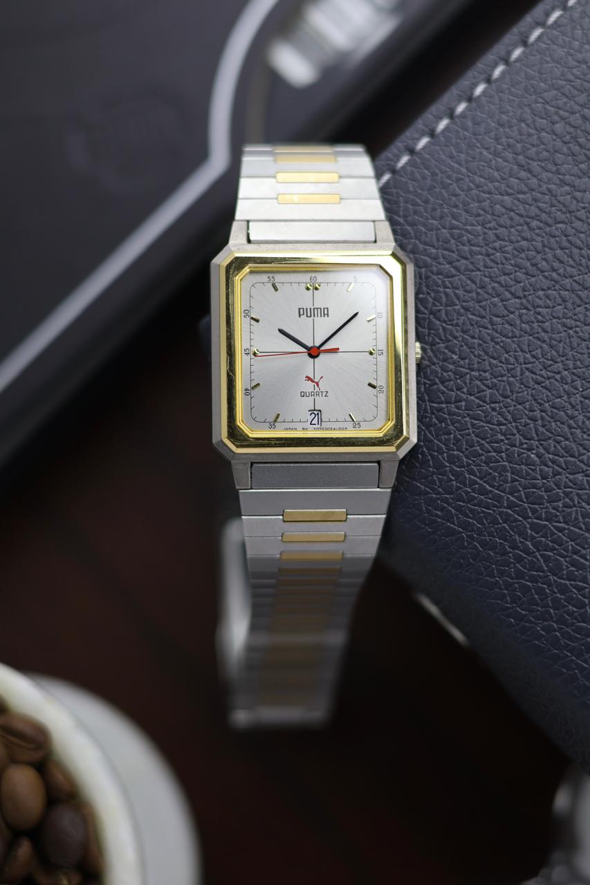(JDM - Extremely Rare) Limited Edition ORIENT X PUMA Slim Tank Style Two Tone Silver Sunray Dial - Quartz Vintage Watch (Pre Owned) - A366