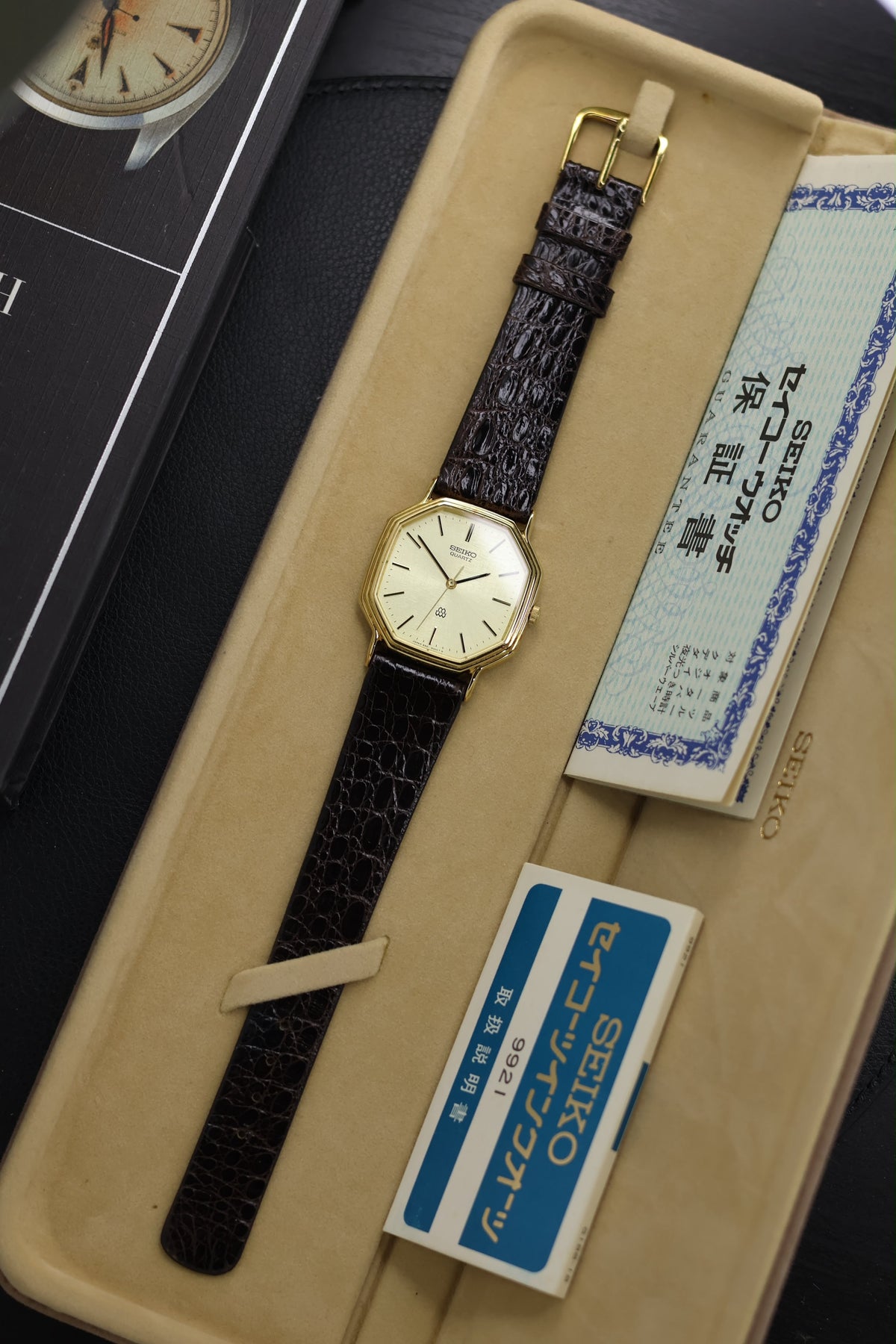 (JDM - ULTRA Rare) 1981 Seiko Chariot Twin Quartz Champagne Linen Dial with SOLID GOLD PLATED Octagonal Case & ORIGINAL BOX & PAPERS - Japanese Vintage Watch (Pre Owned) - SE1002