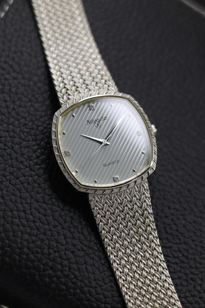 (Extremely Rare) Nivada Grenchen TV Dial with PALLADIUM Plated Case & Integrated Woven Milanese Bracelet - Swiss Vintage Watch (Pre Owned) - SE642
