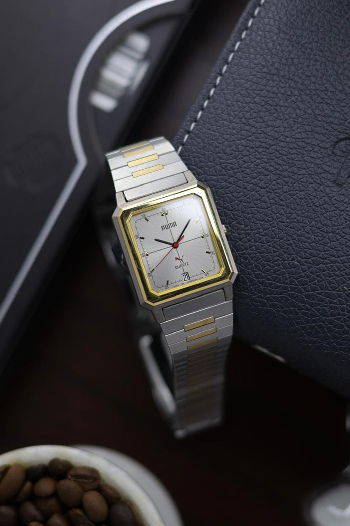 (JDM - Extremely Rare) Limited Edition ORIENT X PUMA Slim Tank Style Two Tone Silver Sunray Dial - Quartz Vintage Watch (Pre Owned) - A366