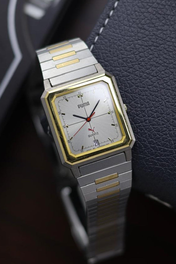 (JDM - Extremely Rare) Limited Edition ORIENT X PUMA Slim Tank Style Two Tone Silver Sunray Dial - Quartz Vintage Watch (Pre Owned) - A366