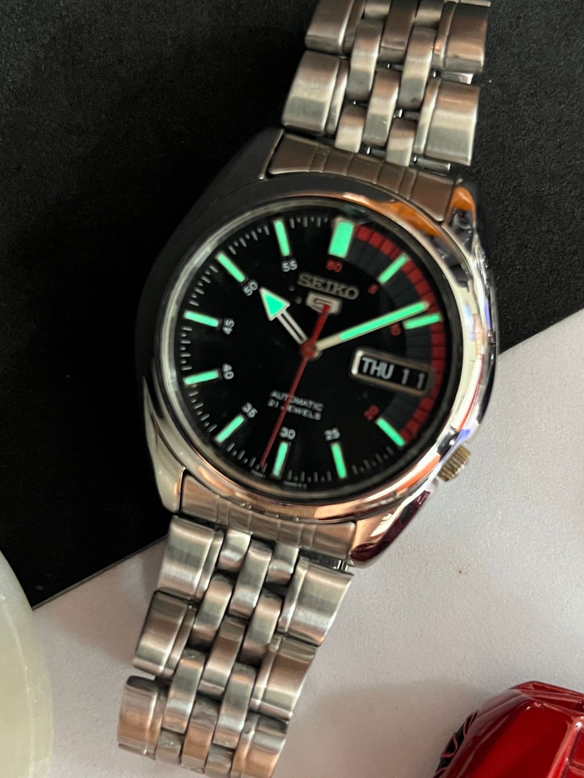 Seiko 5 Black Racing Dial with Glass Back (Pre Owned)