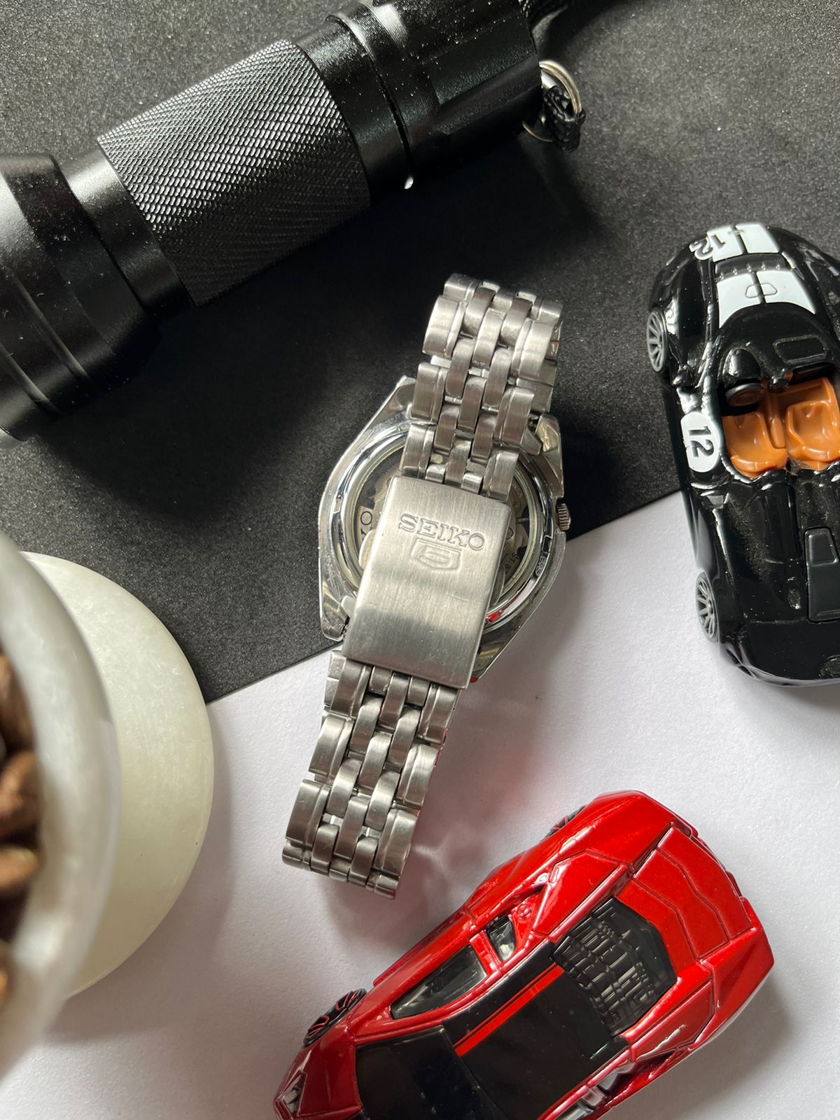 Seiko 5 Black Racing Dial with Glass Back (Pre Owned)