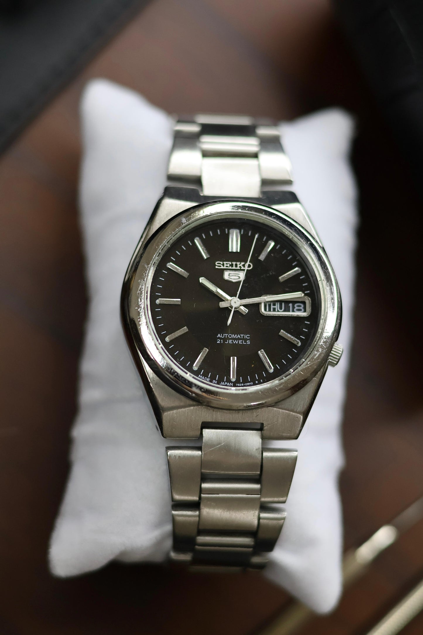 Seiko 5 Black Sunray Dial with Glass Back (Pre Owned)