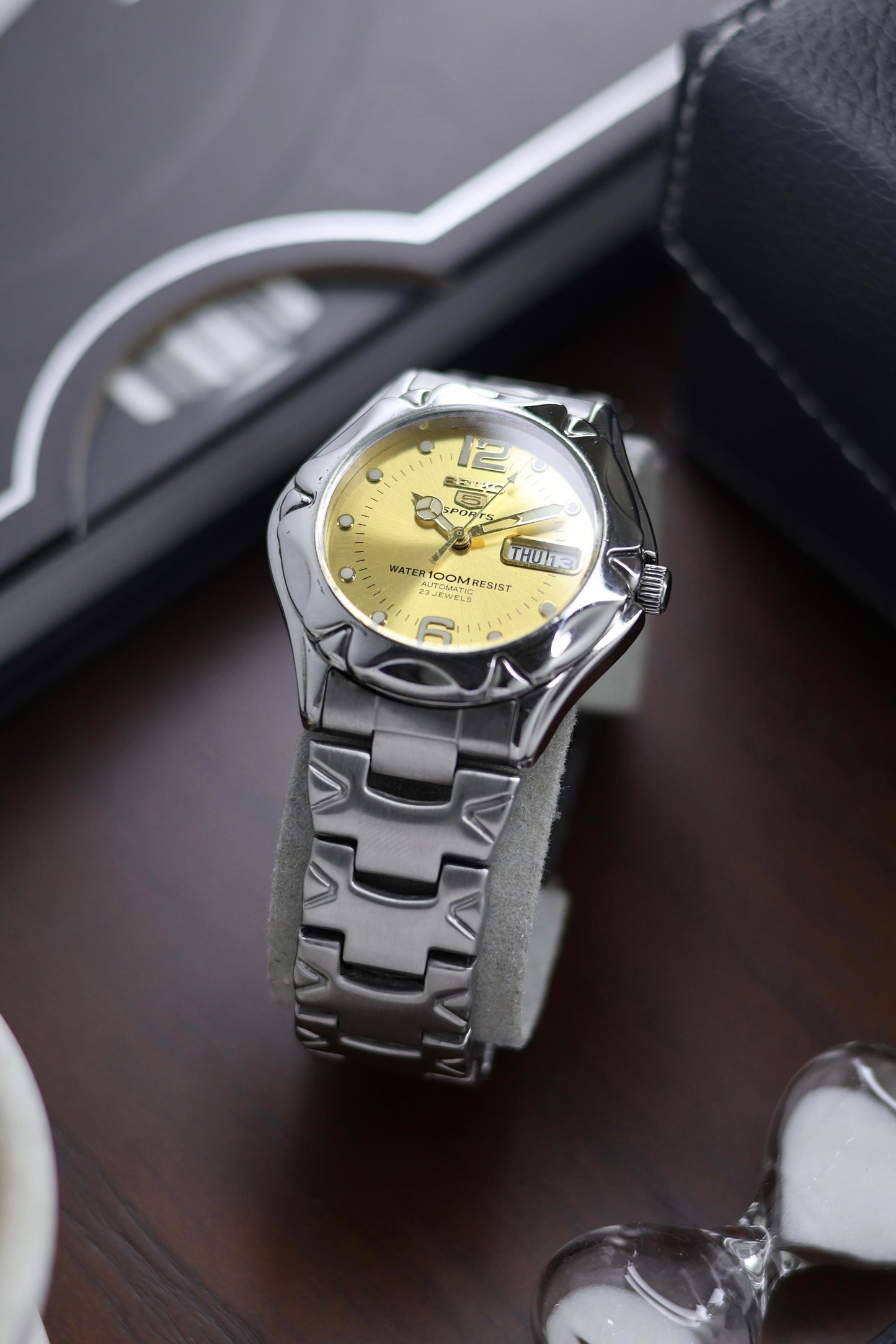(Super Rare) Seiko 5 Sports Diver 100M Gold Dial with Glass Back - Automatic Vintage Watch (Pre Owned) - A263