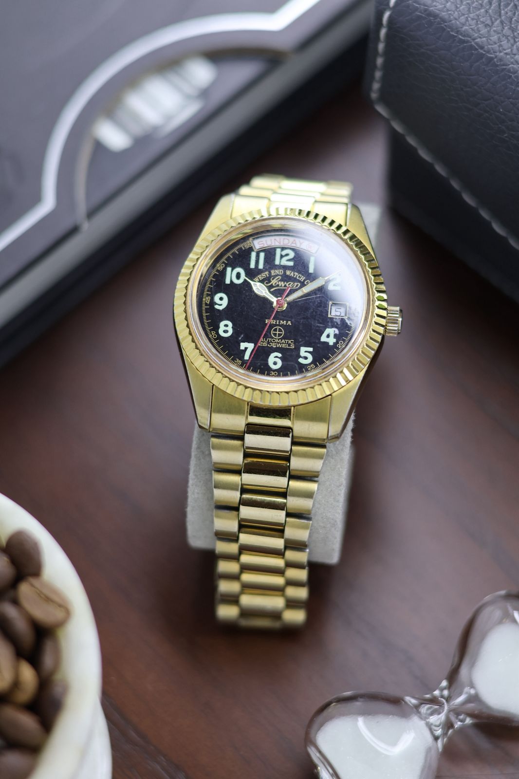 (Super Rare) West End Watch Co Sowar Prima Black Dial with Fluted Bezel & Presidential Bracelet - Automatic Vintage Watch (Pre Owned) - SE421