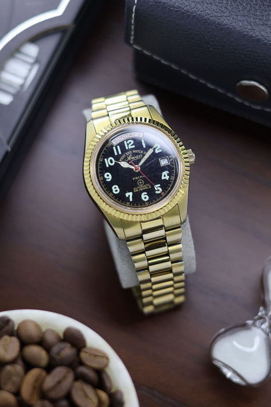 (Super Rare) West End Watch Co Sowar Prima Black Dial with Fluted Bezel & Presidential Bracelet - Automatic Vintage Watch (Pre Owned) - SE421