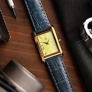 The S23 - YELLOW GUILLOCHE DIAL (Golden Case) - Slim Tank Style Watch - by Watchtopia