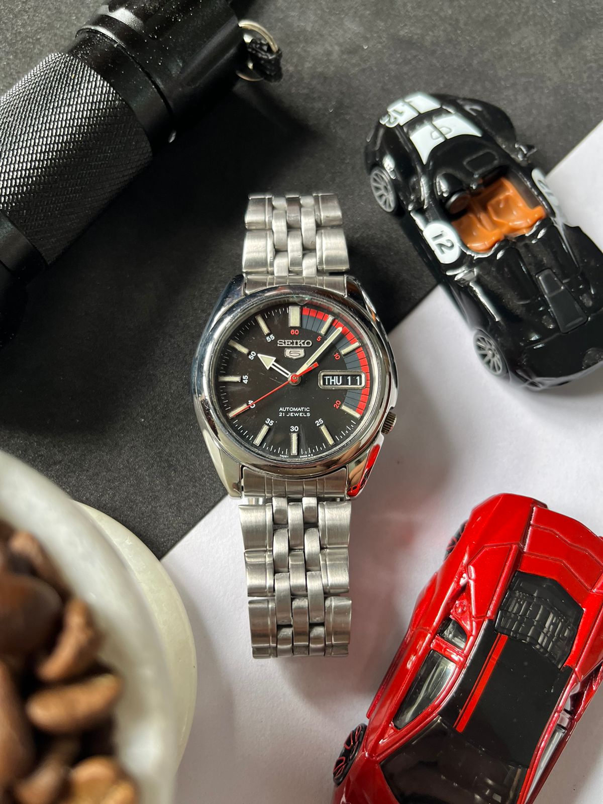 Seiko 5 Black Racing Dial with Glass Back (Pre Owned)