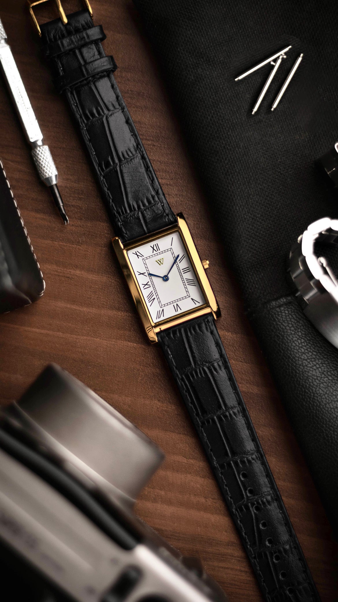 The S23 - WHITE (Golden Case) - Slim Tank Style Watch - by Watchtopia