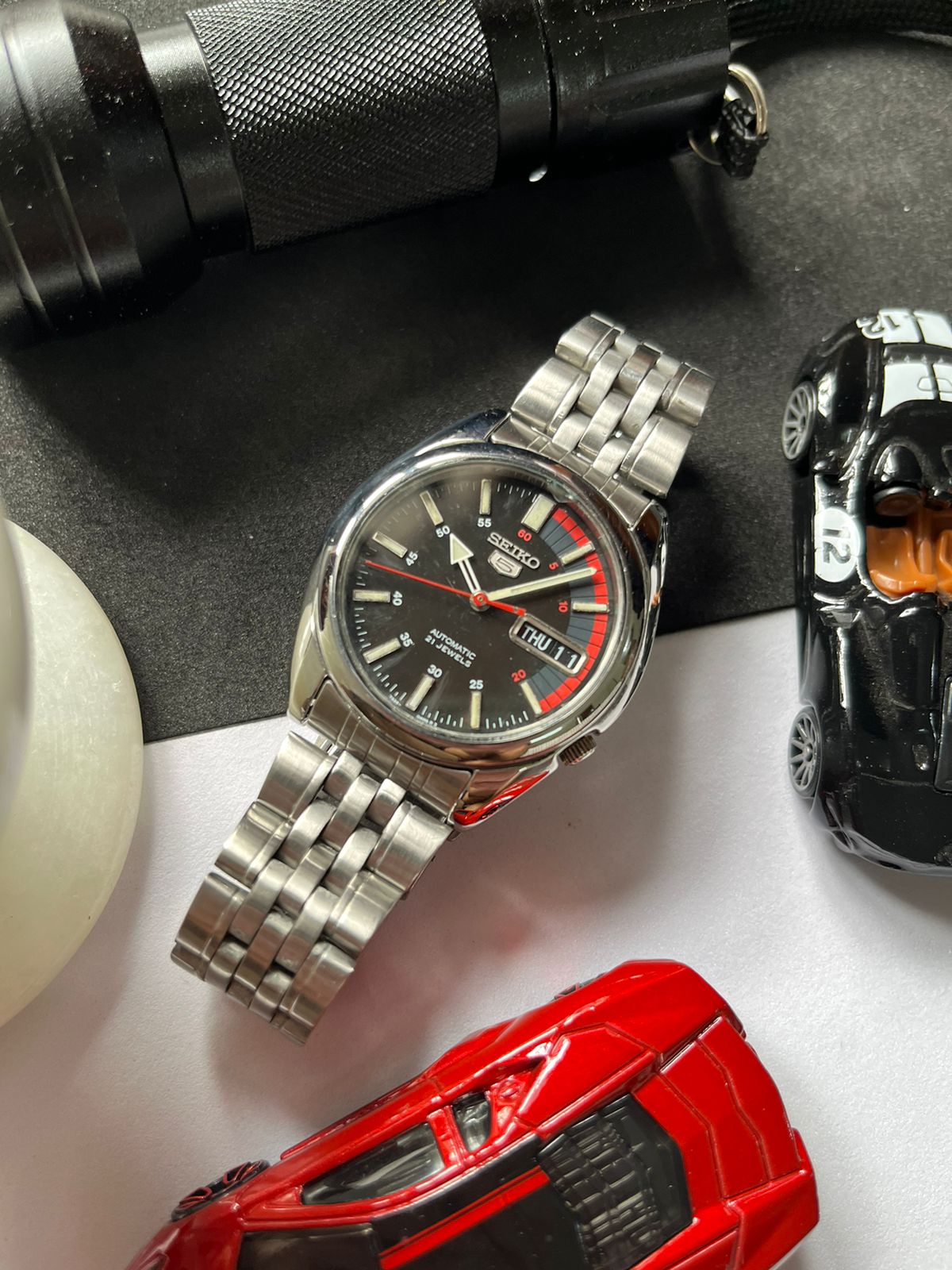 Seiko 5 Black Racing Dial with Glass Back (Pre Owned)