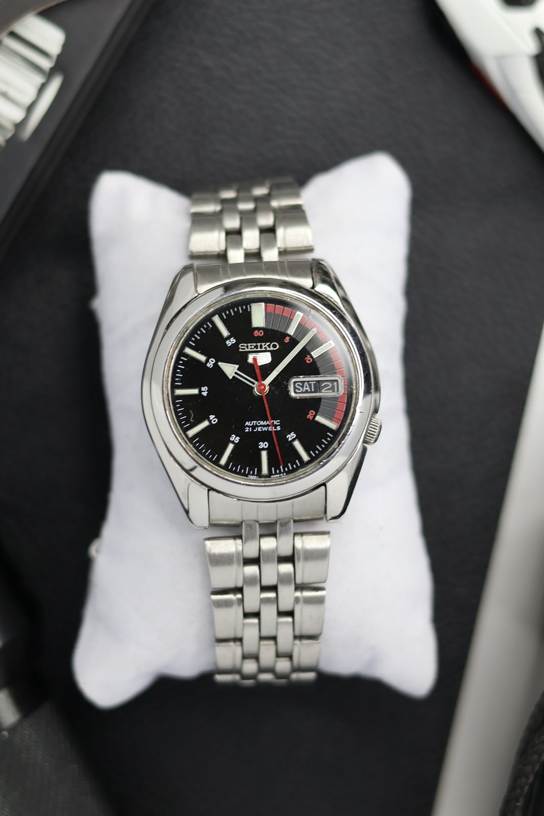 Seiko 5 Black Racing Dial with Glass Back (Pre Owned)