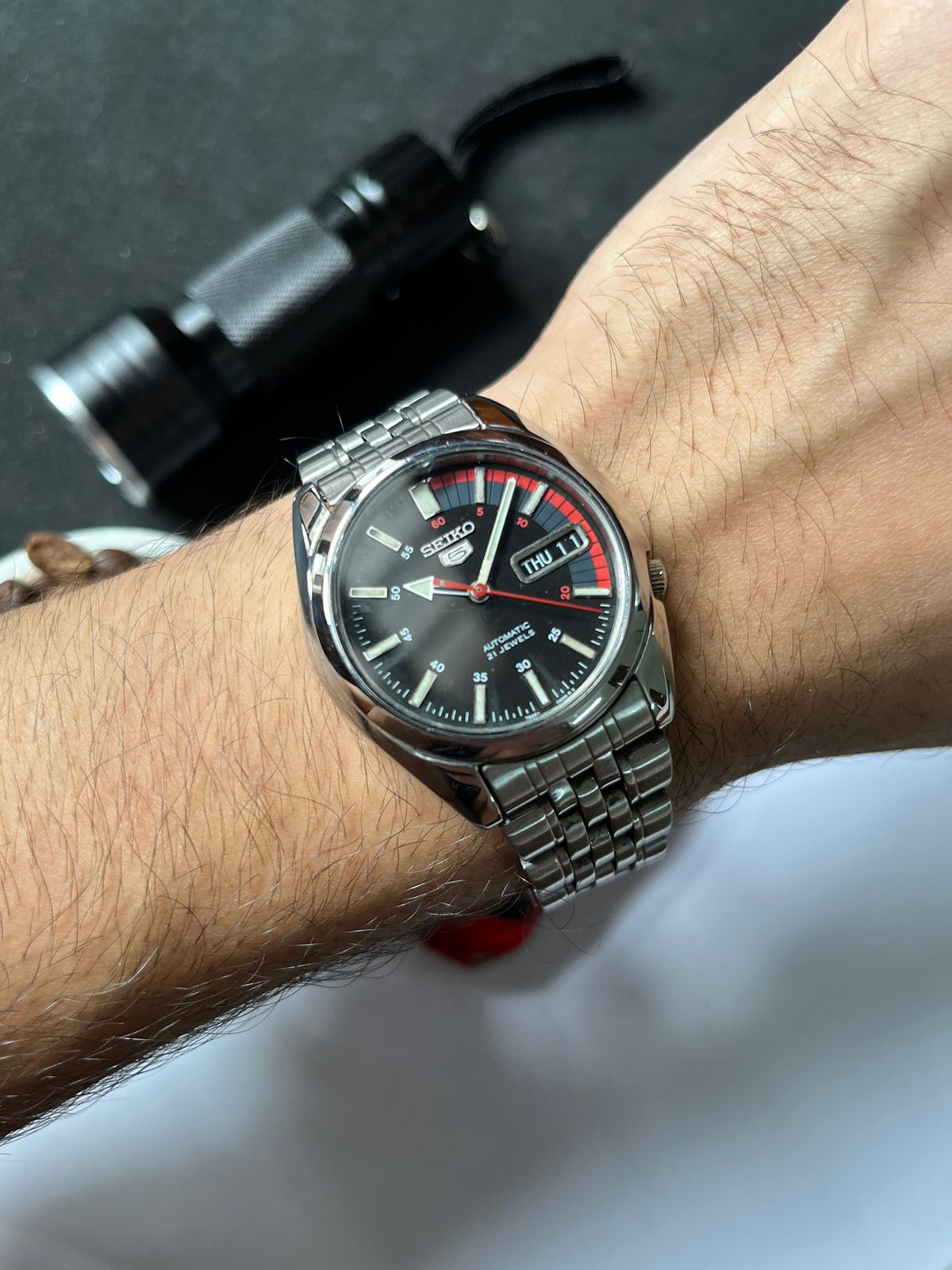 Seiko 5 Black Racing Dial with Glass Back (Pre Owned)
