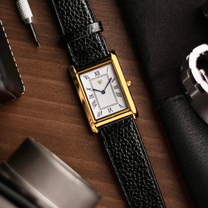 The S23 - WHITE (Golden Case) - Slim Tank Style Watch - by Watchtopia