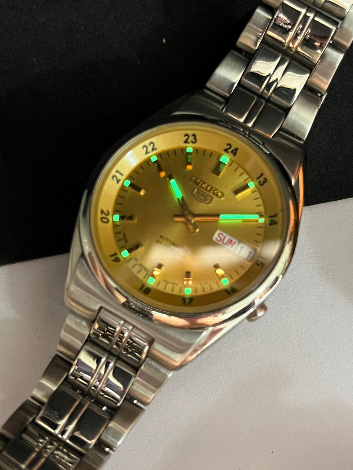 Seiko 5 Railway Time Gold Dial with Glass Back (Pre Owned)