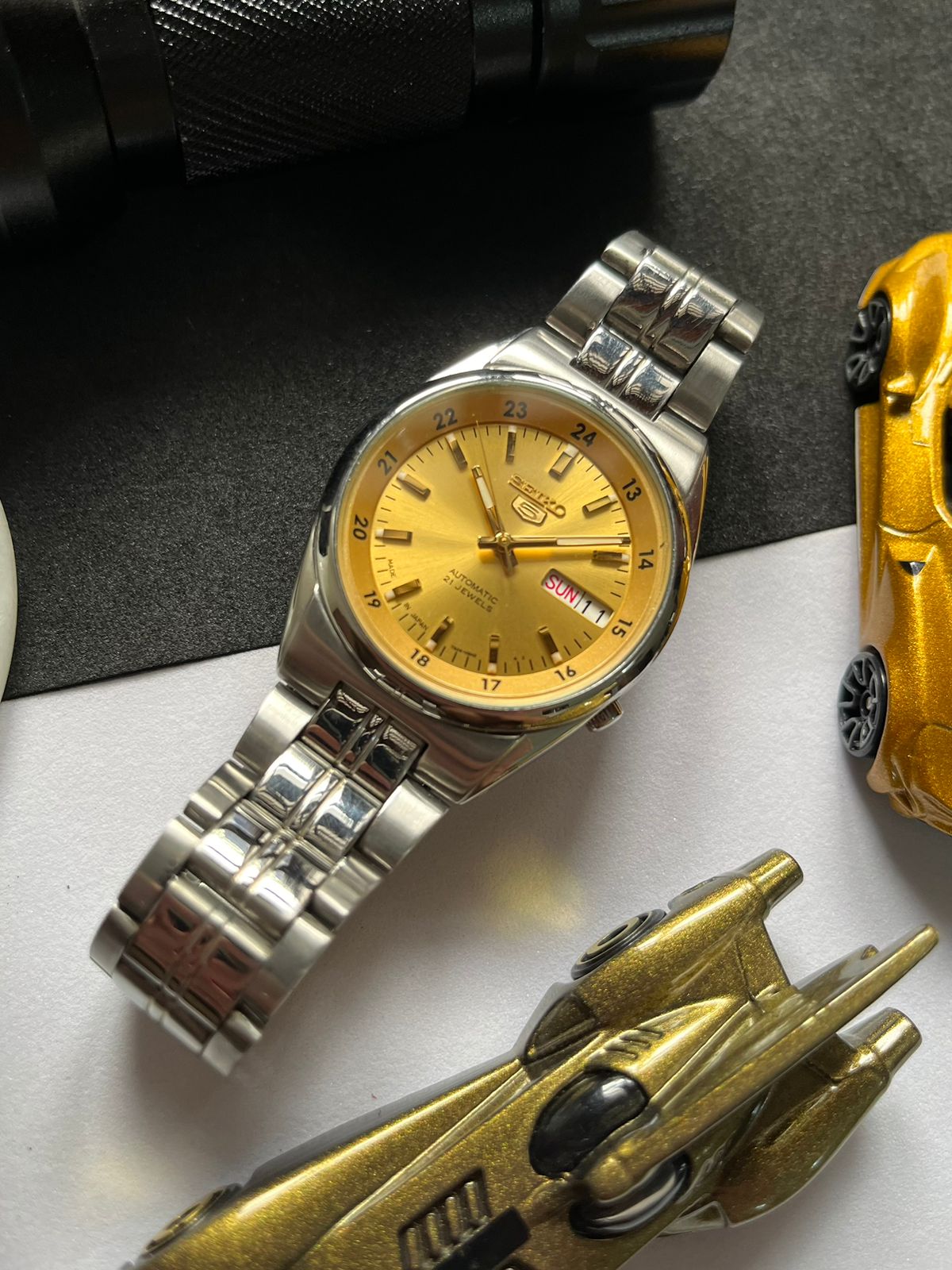 Seiko 5 Railway Time Gold Dial with Glass Back (Pre Owned)