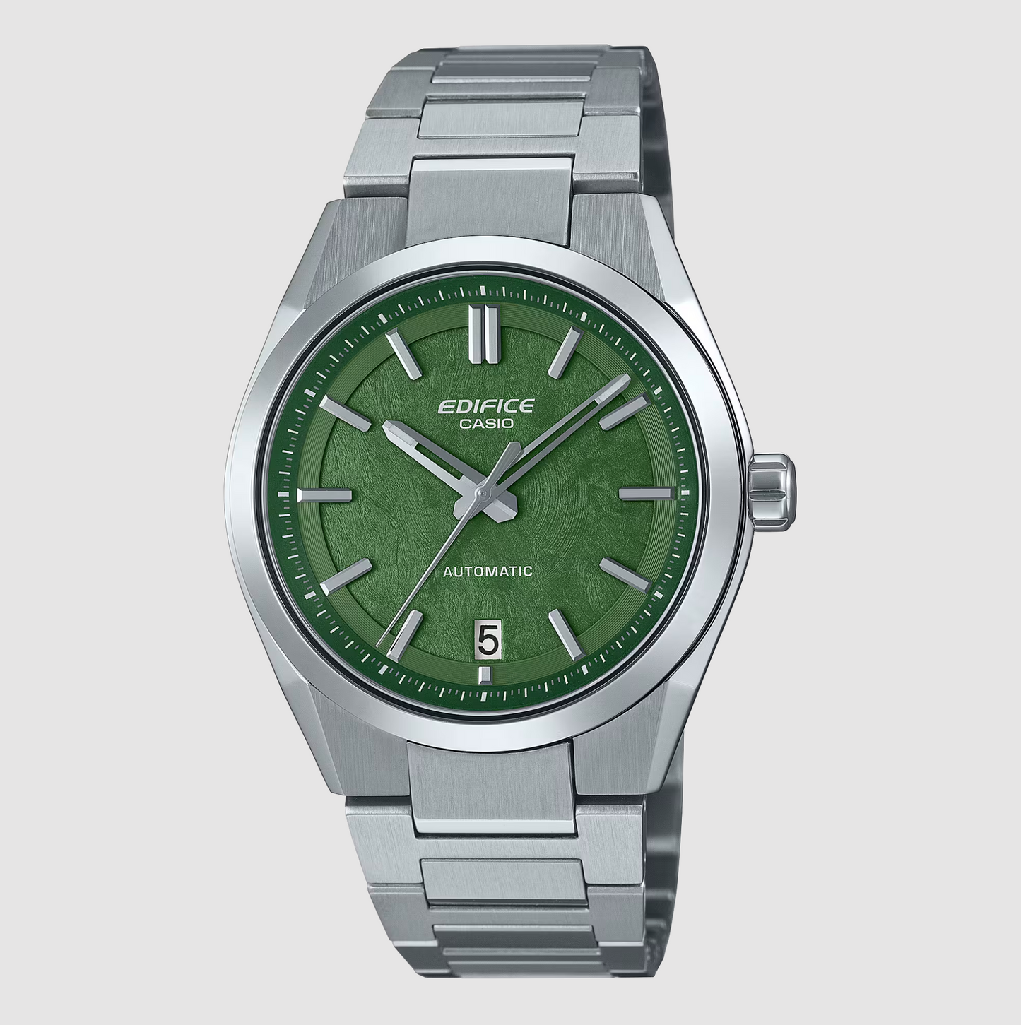 Casio Edifice watch with green dial and silver metal strap on a light gray background