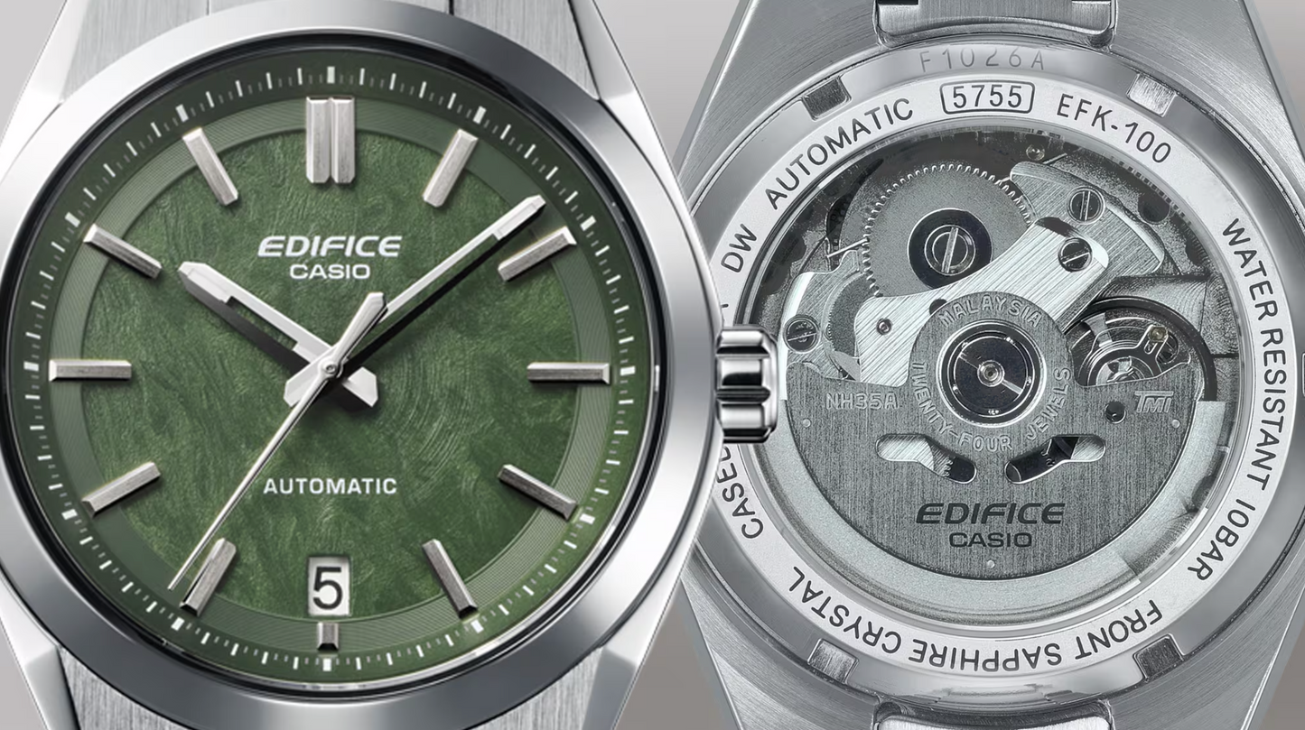 Casio Edifice watch with green face and silver case, showing both front and back views.