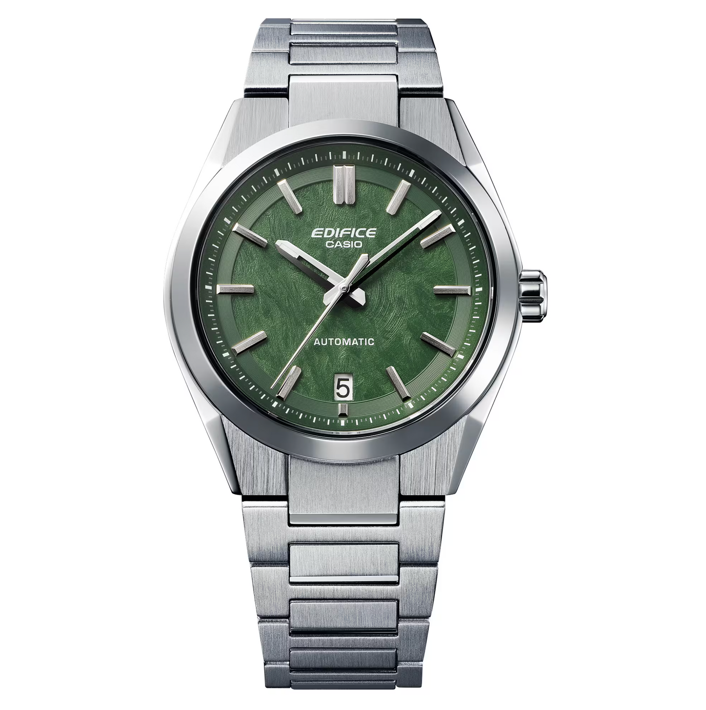 Casio Edifice watch with green dial and silver metal strap on a white background