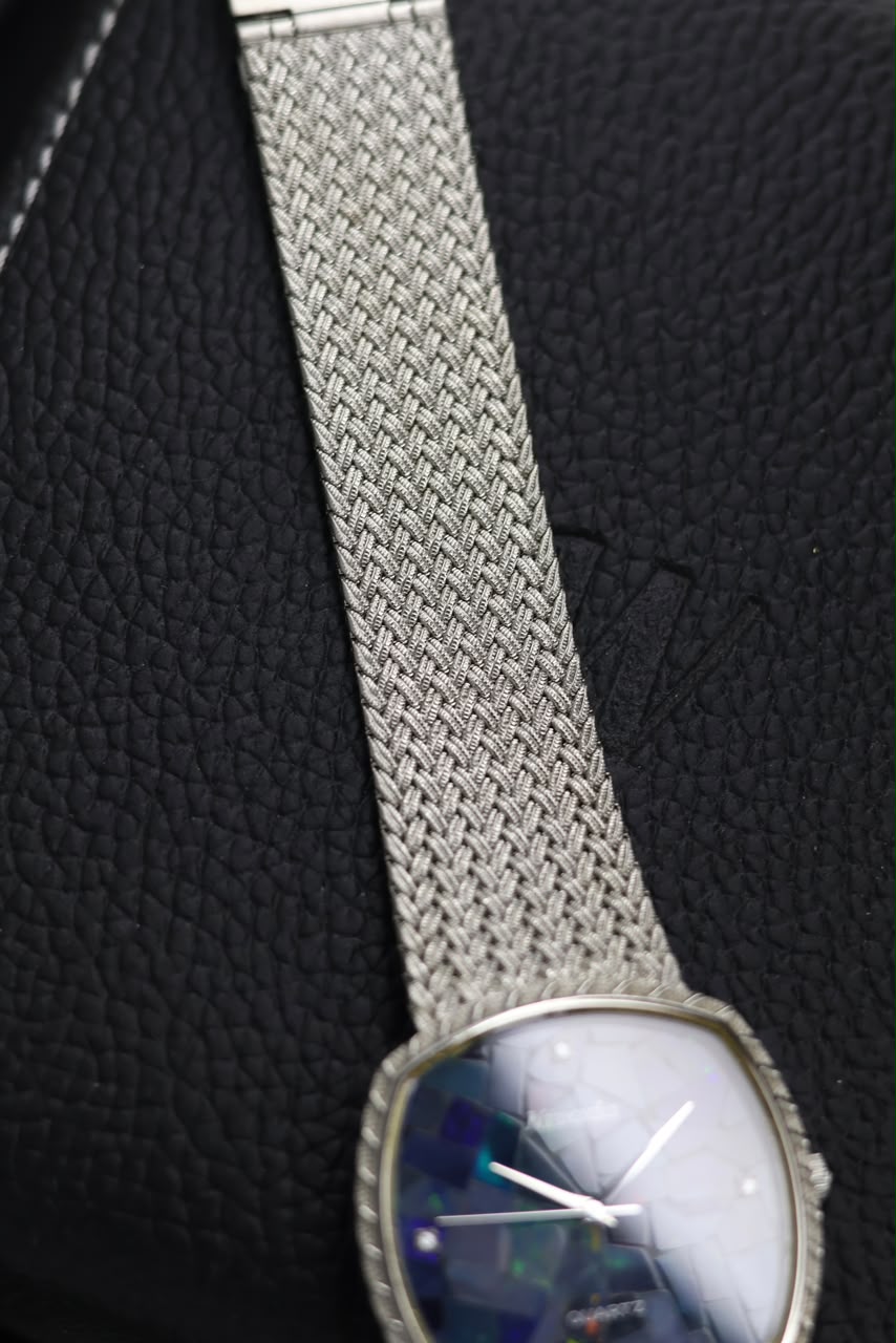 (Extremely Rare) Nivada Grenchen Blue Mosaic Opal TV Dial with PALLADIUM Plated Case & Integrated Woven Milanese Bracelet - Swiss Vintage Watch (Pre Owned) - SE801