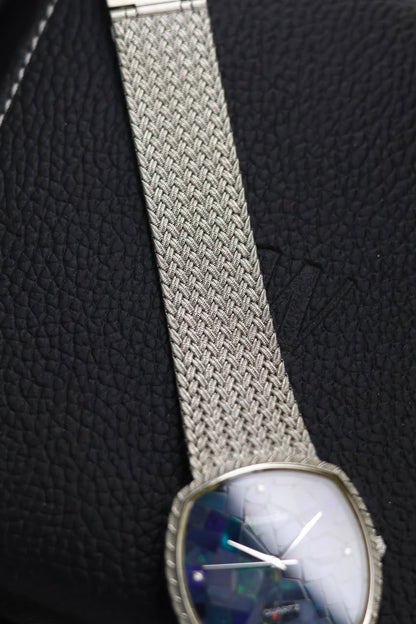 (Extremely Rare) Nivada Grenchen Blue Mosaic Opal TV Dial with PALLADIUM Plated Case & Integrated Woven Milanese Bracelet - Swiss Vintage Watch (Pre Owned) - SE801
