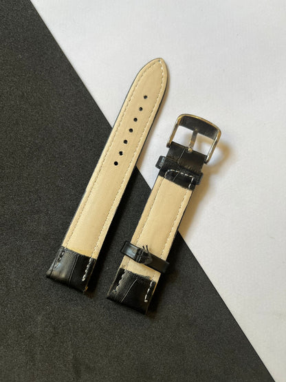 Yellow-Stitch Black Croc Leather Strap (18mm)