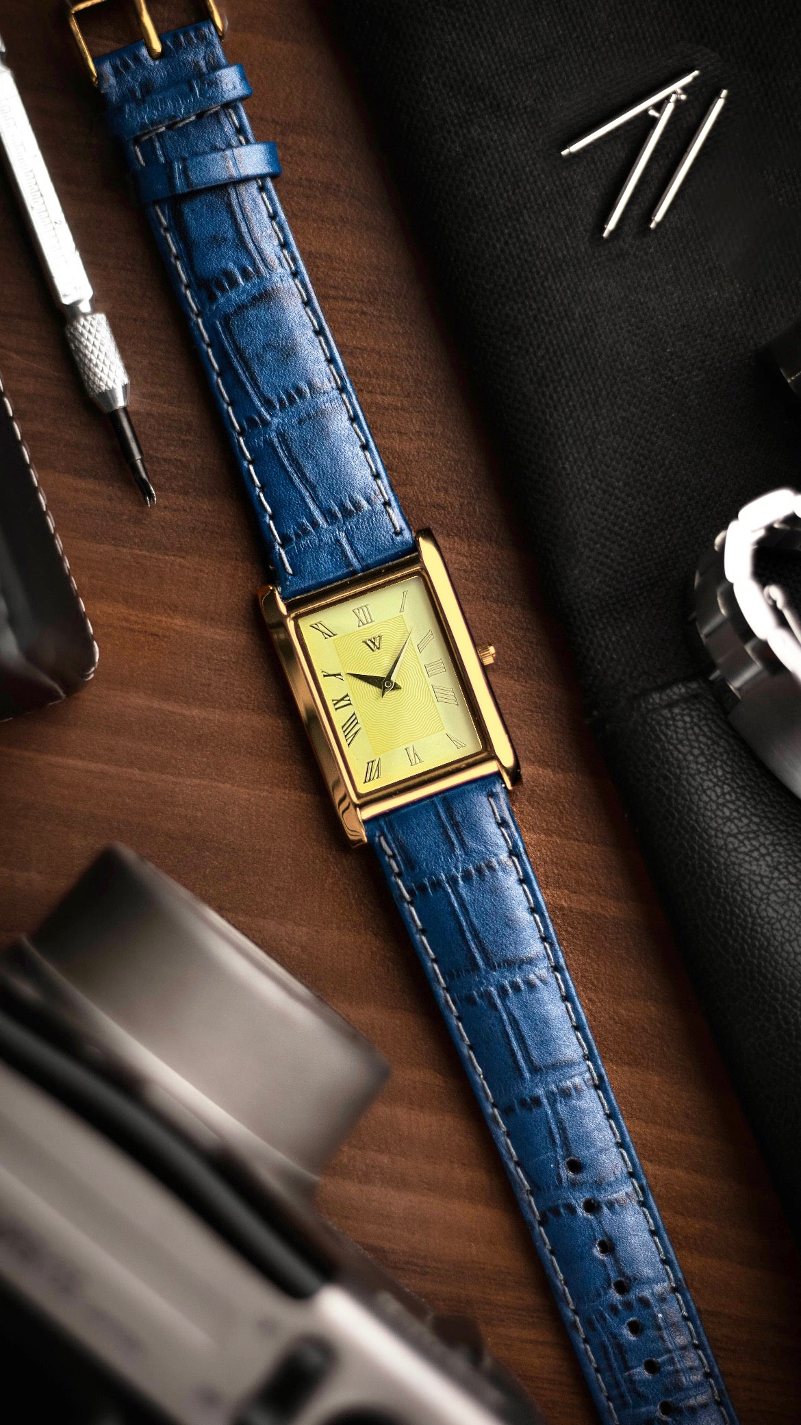 The S23 - YELLOW GUILLOCHE DIAL (Golden Case) - Slim Tank Style Watch - by Watchtopia