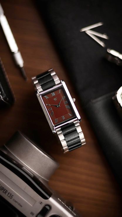 The S23 - WINE / MAROON GUILLOCHE DIAL - Slim Tank Style Watch - by Watchtopia