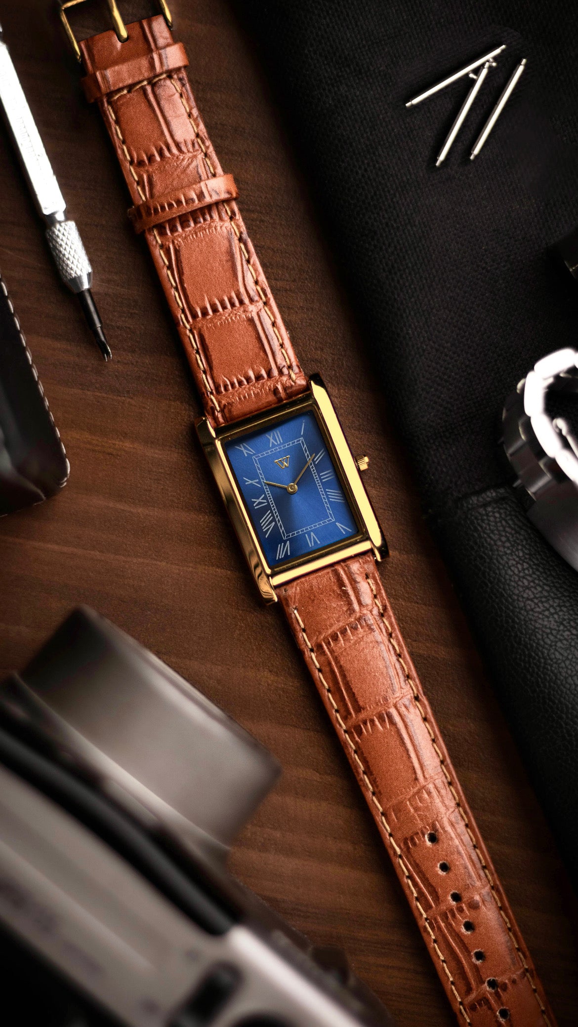 The S23 - BLUE Dial (Golden Case) - Slim Tank Style Watch - by Watchtopia