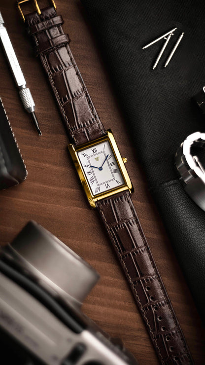 The S23 - WHITE (Golden Case) - Slim Tank Style Watch - by Watchtopia