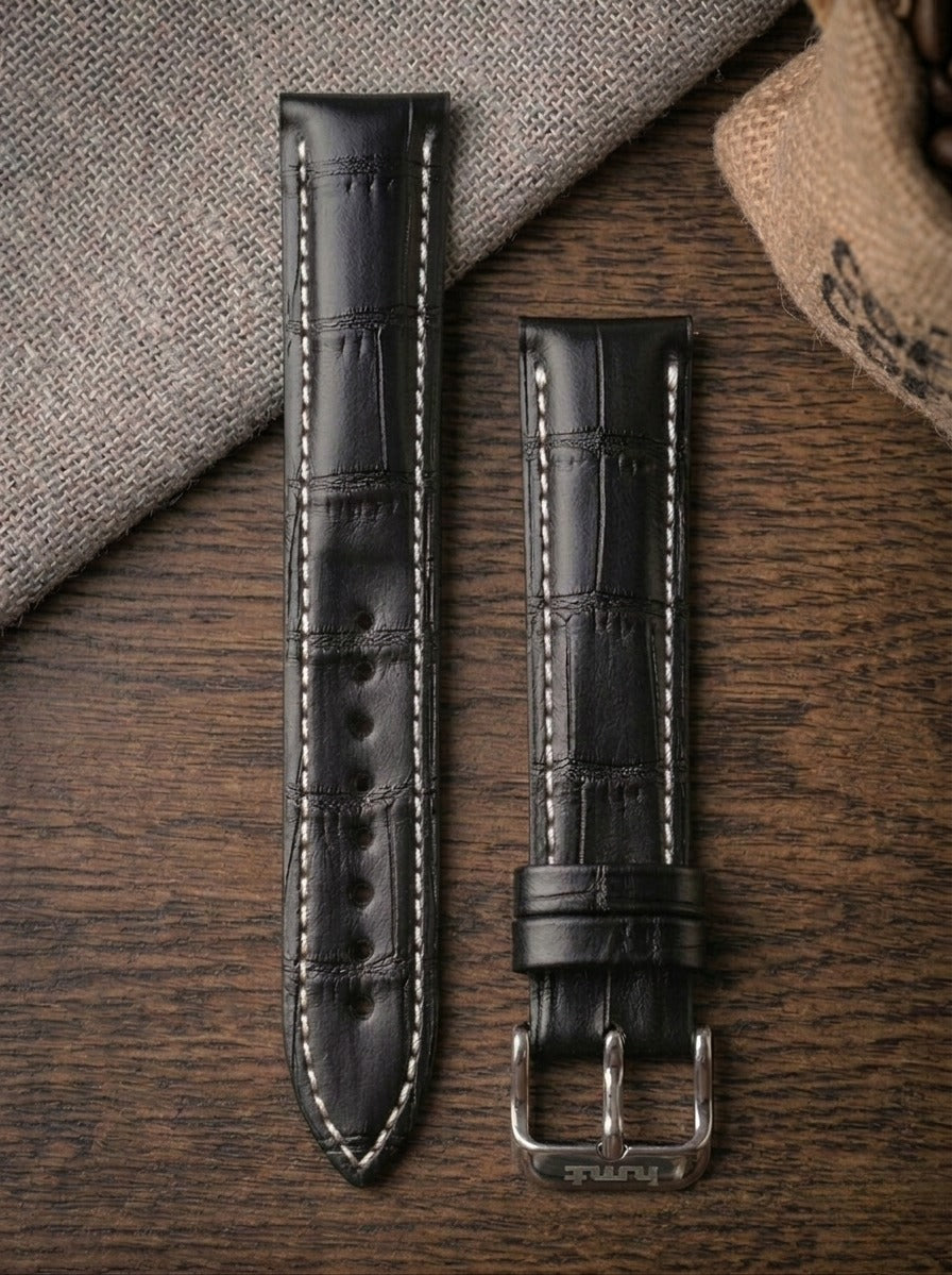 White Stitch Black Croc Leather Watch Strap (18mm)