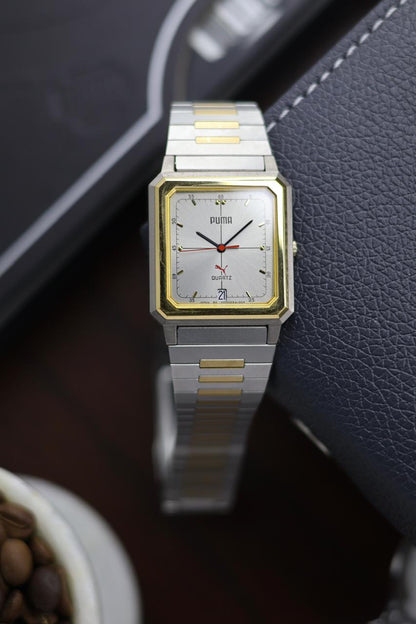 (JDM - Extremely Rare) Limited Edition ORIENT X PUMA Slim Tank Style Two Tone Silver Sunray Dial - Quartz Vintage Watch (Pre Owned) - A366