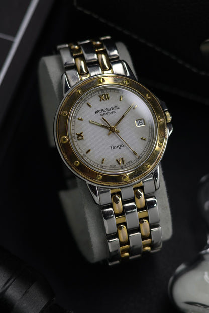 (Super Rare) Raymond Weil Geneve TANGO Quartz Two-Tone White Dial with Gold Plated Bezel - Automatic Swiss Vintage Watch (Pre Owned) - SE709