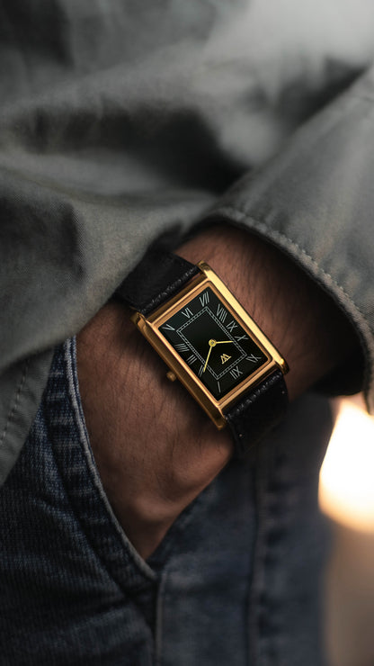 The S23 - BLACK Dial (Golden Case) - Slim Tank Style Watch - by Watchtopia