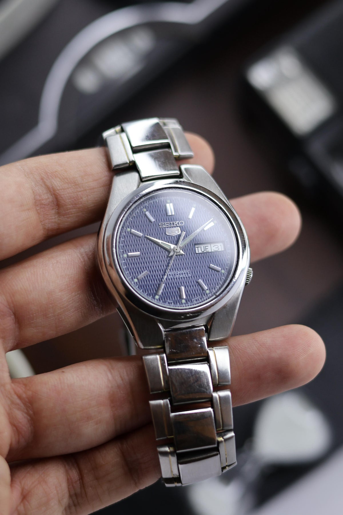 (Super Rare) Seiko 5 Blue Textured Dial with Glass Back- Automatic Vintage Watch (Pre Owned) - A243