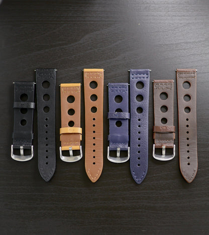 PREMIUM RALLY Style Perforated Genuine Leather Watch Strap (22mm) - with FREE Strap Tool!