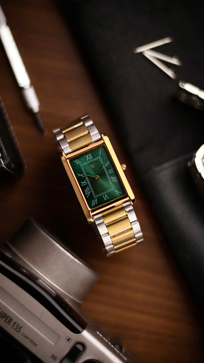 The S23 - GREEN Dial (Golden Case) - Slim Tank Style Watch - by Watchtopia