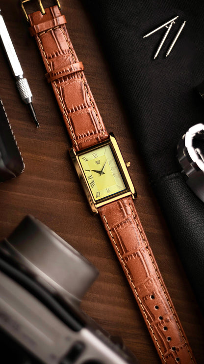 The S23 - YELLOW GUILLOCHE DIAL (Golden Case) - Slim Tank Style Watch - by Watchtopia