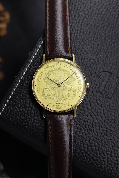 (Extremely Rare) TISSOT Twenty Dollar Coin Dial with Solid Gold Plated Case - Swiss Vintage Watch (Pre Owned) - SE506