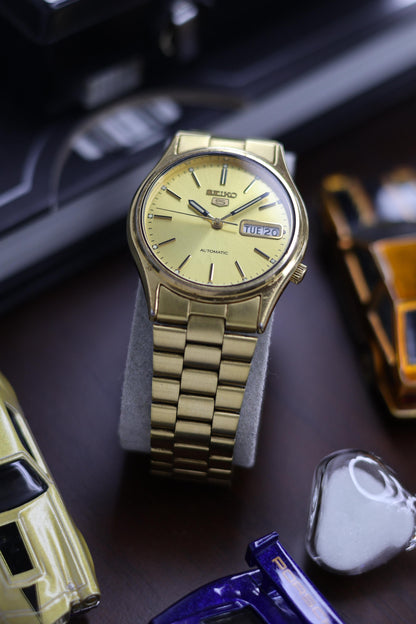 (Super Rare) Seiko 5 SNXJ68 Gold Sunray Dial with Glass Back - Automatic Vintage Watch (Pre Owned) - SE425
