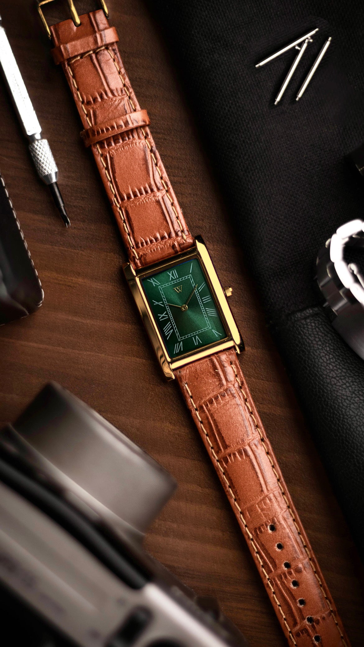 The S23 - GREEN Dial (Golden Case) - Slim Tank Style Watch - by Watchtopia