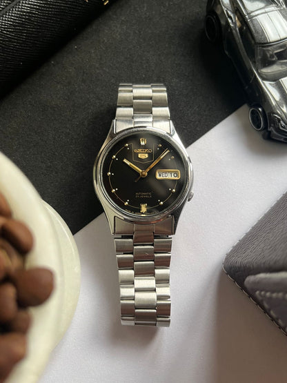 Seiko 5 Black Dial with Gold Accents - with Glass Back (Pre Owned)