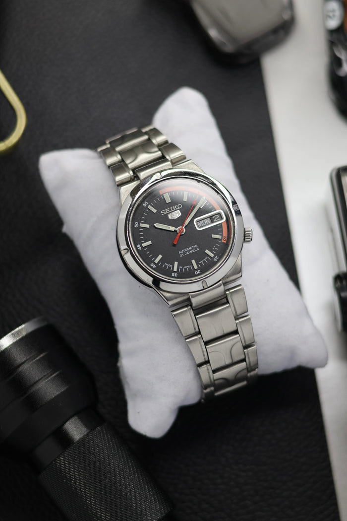 Seiko 5 Black Racing Dial with Glass Back (Pre Owned)