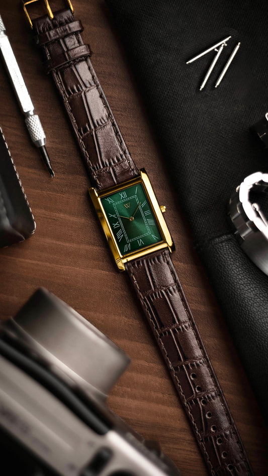 The S23 - GREEN Dial (Golden Case) - Slim Tank Style Watch - by Watchtopia