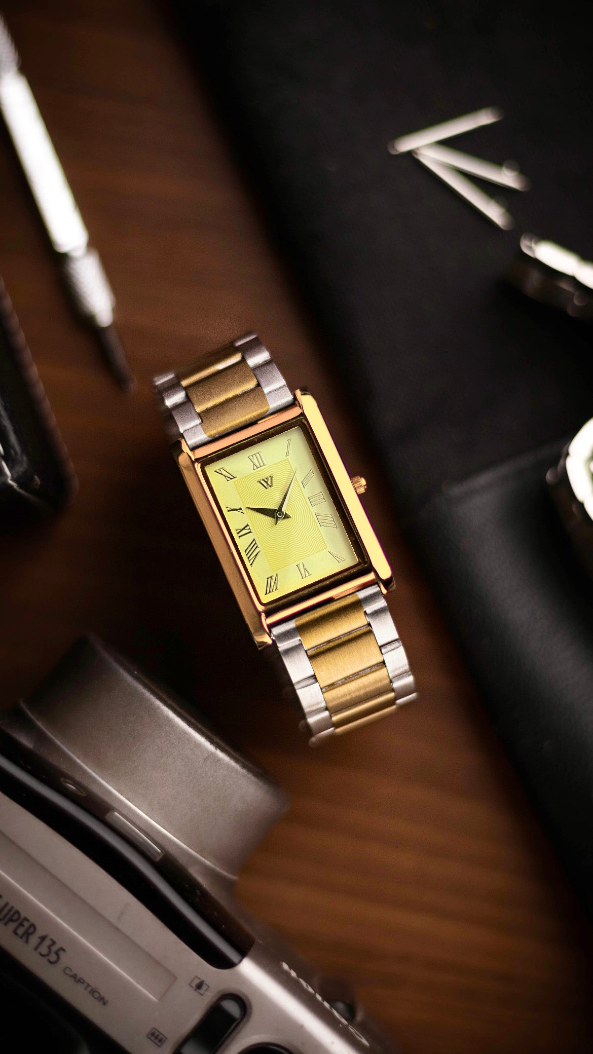 The S23 - YELLOW GUILLOCHE DIAL (Golden Case) - Slim Tank Style Watch - by Watchtopia