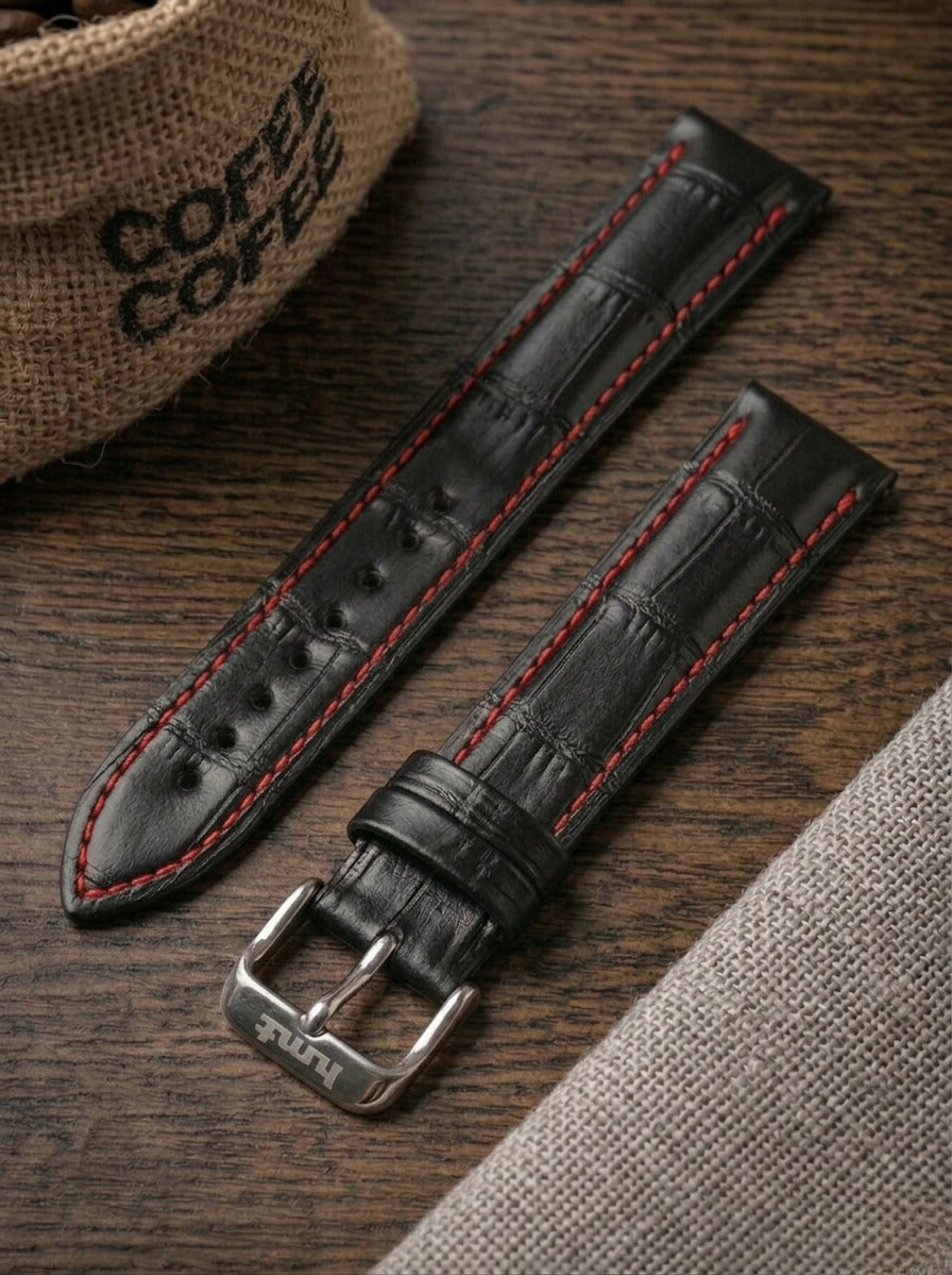 Red Stitch Black Croc Leather Watch Strap (18mm) – watchtopia.in