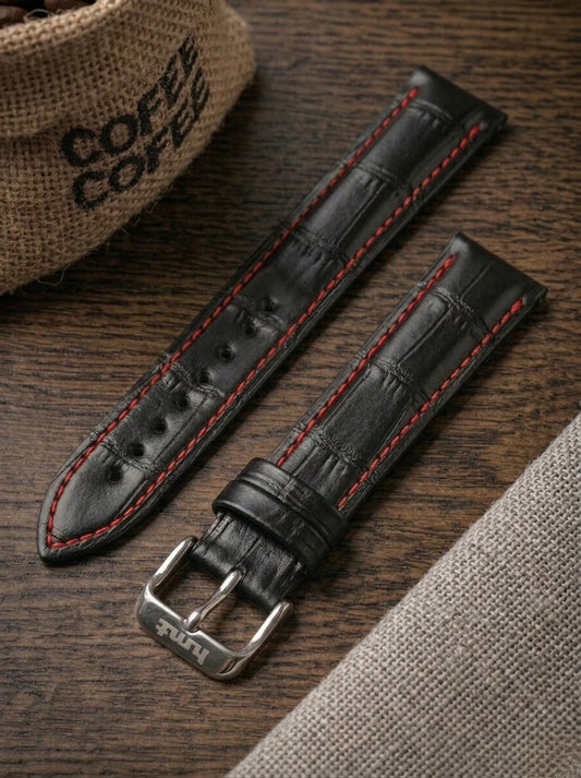 Red Stitch Black Croc Leather Watch Strap (18mm)