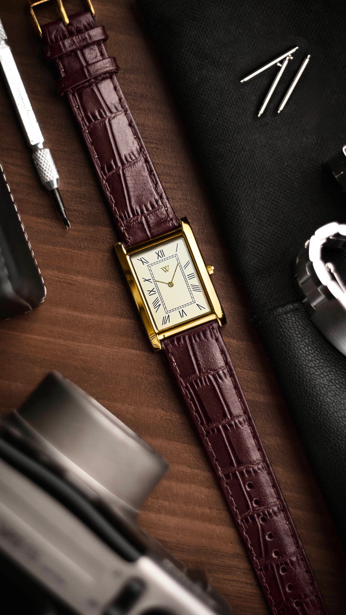 The S23 - WHITE (Golden Case) - Slim Tank Style Watch - by Watchtopia