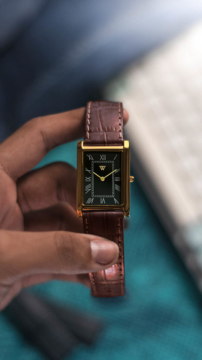The S23 - BLACK Dial (Golden Case) - Slim Tank Style Watch - by Watchtopia