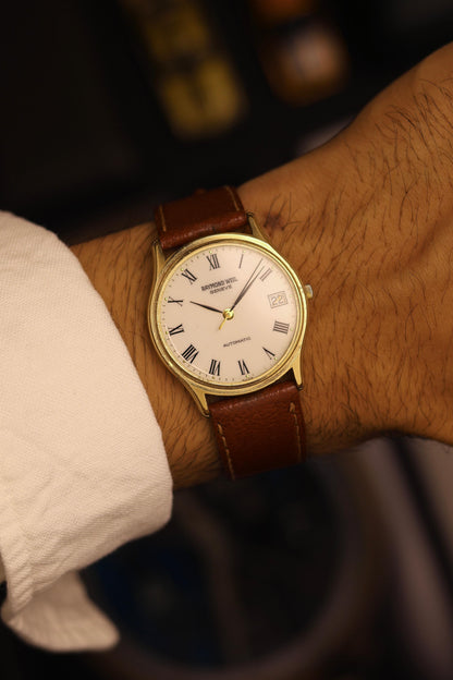 (Super Rare) Raymond Weil Geneve Swiss Automatic White Dial with Gold Plated Case - Automatic Swiss Vintage Watch (Pre Owned) - SE742